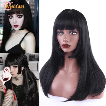 

MEIFAN Synthetic Long Straight Lolita Black Wig With Bangs Cute Hairstyle Heat Resistant Anime Party Wig