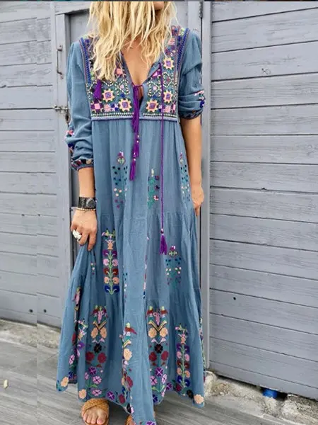 Stylish Drawstring Lace Long Sleeve Dress Bohemian Flower Printed Fashion Long Dresses Big Size 5XL 2020 New