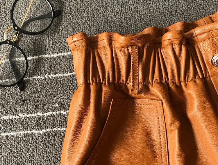 Женские брендовые новые высококачественные широкие короткие брюки из натуральной кожи шикарные женские свободные шорты из овечьей кожи A954