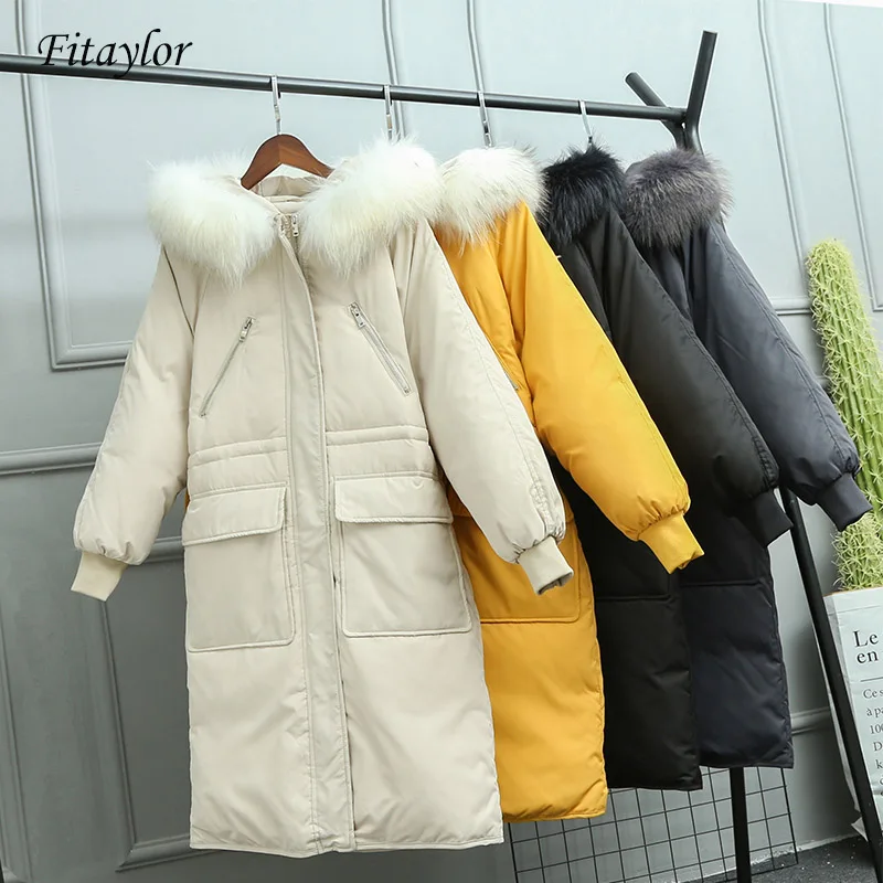 Fitaylor большой натуральный мех енота с капюшоном зимняя куртка для женщин 90% белый утиный пух толстые парки теплый пояс завязывать снег пальто