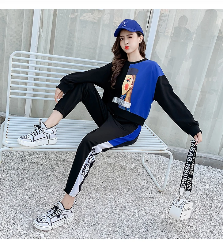 

Fashion Printed Long Sleeve Simple O-Neck Jumper Sweatshirts+Elastic Waist Casual Sports Pants Women New Autumn 2PCS Sets