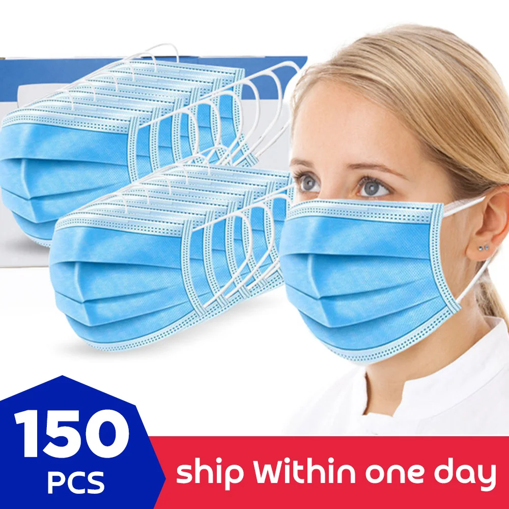 

150pcs Face Mouth Masks Fast Delivery Disposable Protect Masks 3 Layers Filter Dustproof Non Woven Mouth Masks