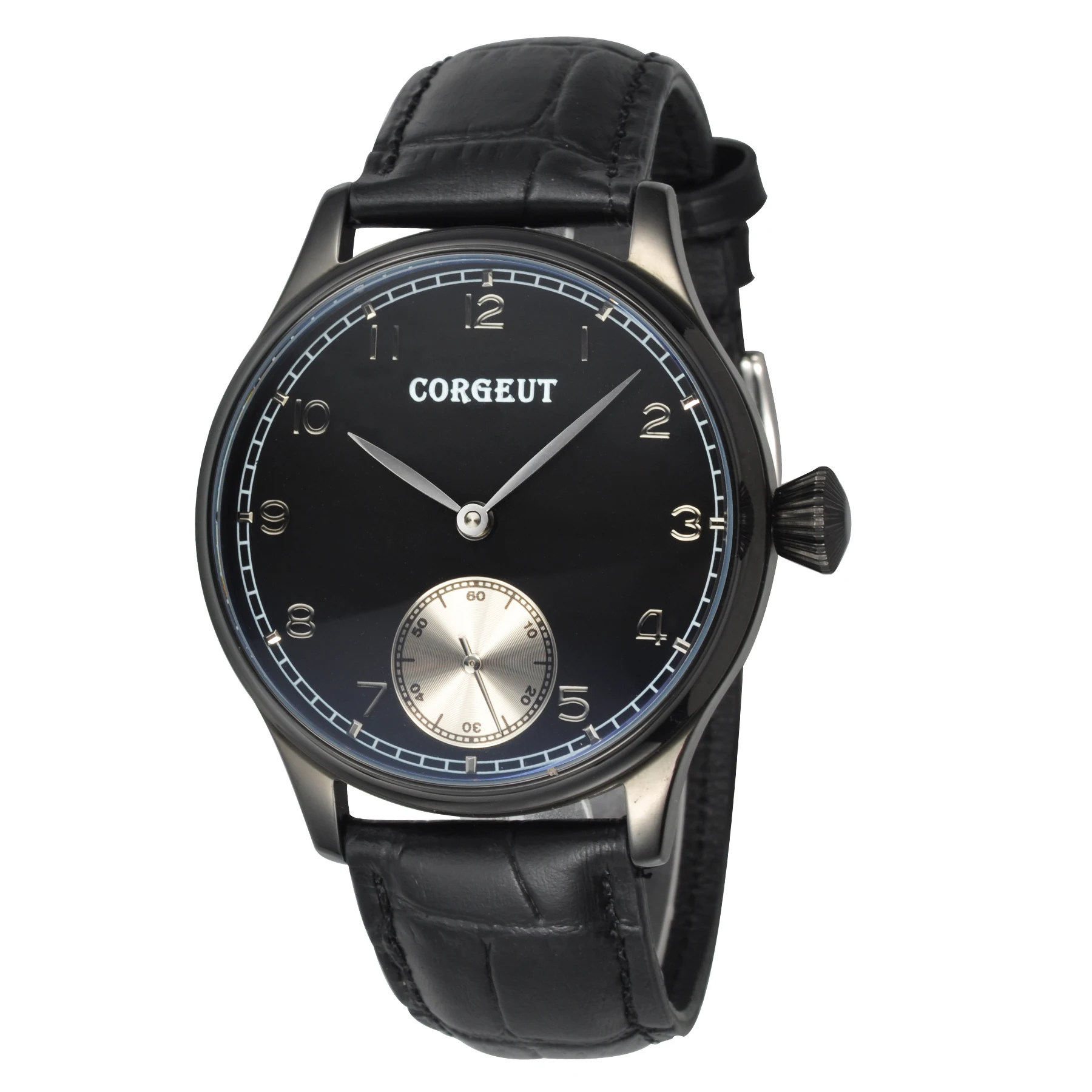 

Corgeut 44mmMens Mechanical Watch 316L SS Case Black Sterile Dial Silver Subdail Clock 6498 Hand Winding Movement Watches