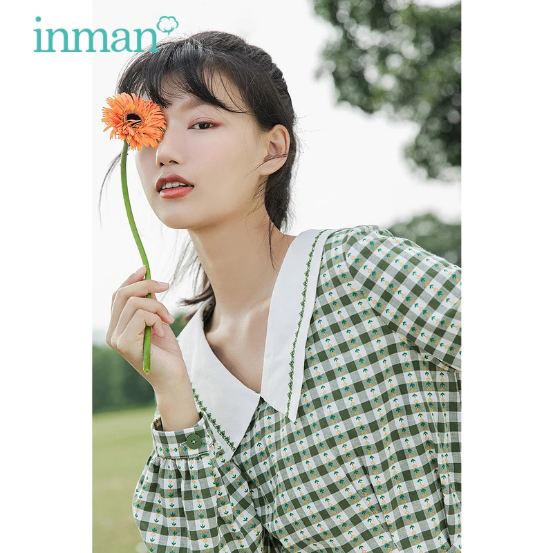 

INMAN Female's One Piece Spring Cute Young Sweet Style Lapel Plaid Stripe Belt Long Sleeve Cotton Women Girl Clothing Dress