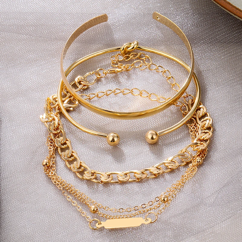 4 Pcs/Set Punk Gold Layered Chain Cuban Bracelets For Women Knot Cuff Bangles - Image 2