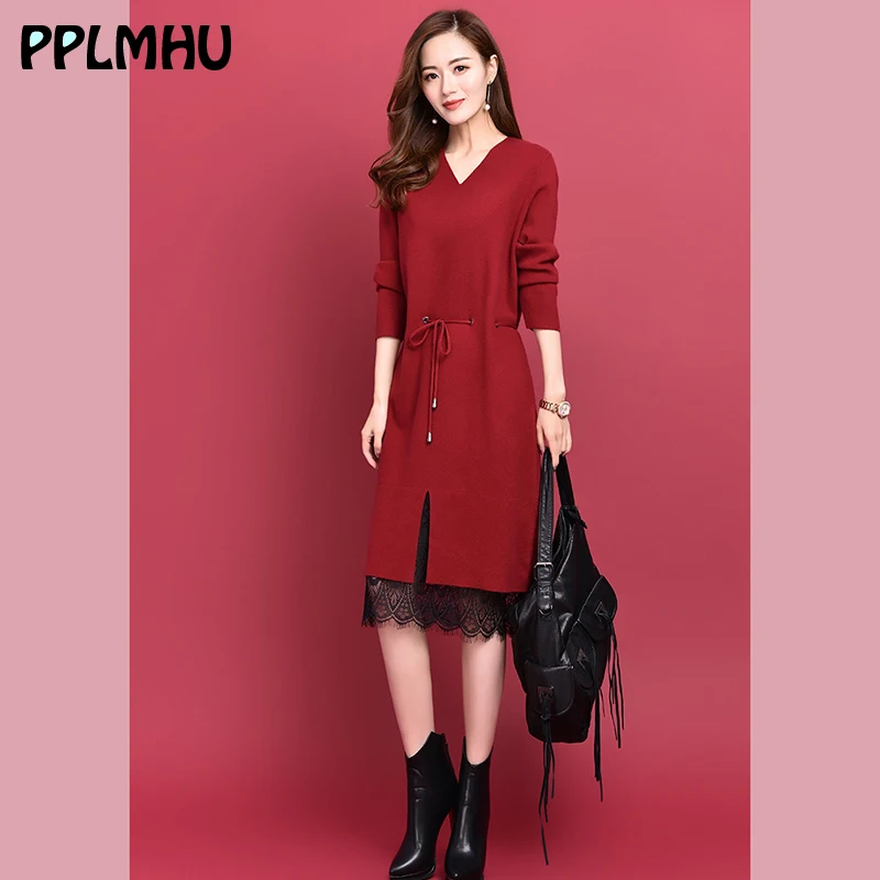 

fashion office lady v-neck Lace Slim Drawstring Waist knitted dress women winter plus size Elasticity Elegant sweater dress 3XL