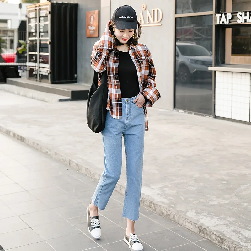 Для фотосессии 199# Harajuku Wind BF, свободные универсальные штаны-шаровары с высокой талией и рваными краями, прямые джинсы-капри для студентов
