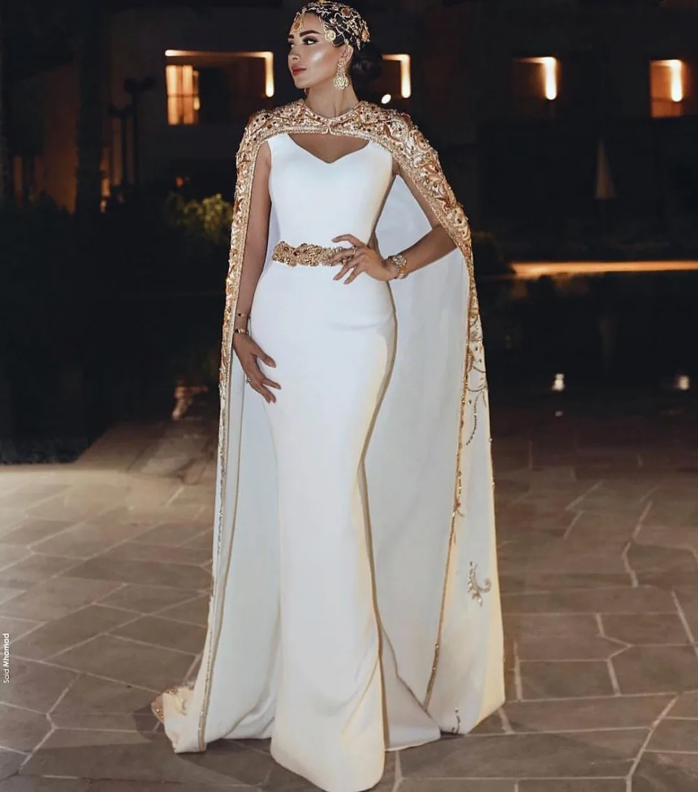 Stunning White Mermaid Arabic Evening Dress 2021 With Removable Robe Beaded Dresses Long Dubai Formal Gowns Party | Свадьбы и