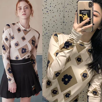 

2020 Spring Summer Block Daisy Bottoms Elastic Fashion Flower Print Long Sleeve T-Shirt Sunscreen Women