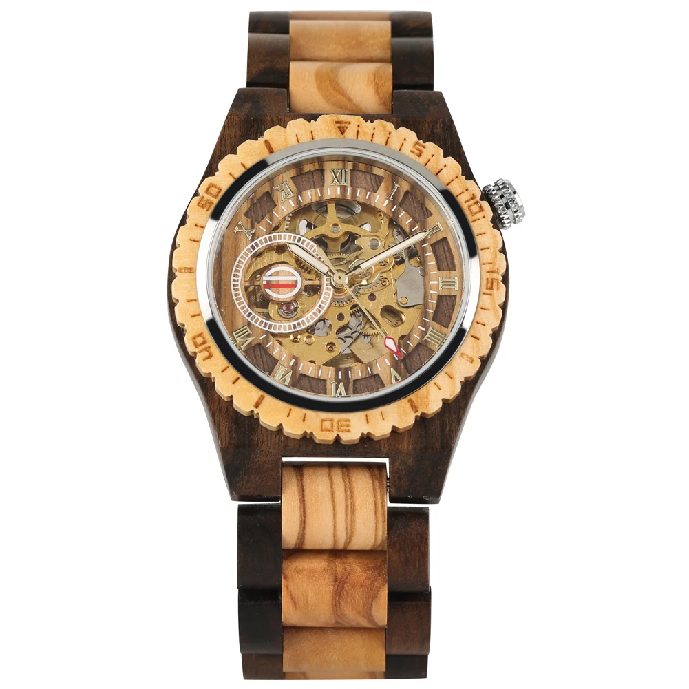 

Classic Hollow Out Automatic-self-winding Mechanical Wooden Watch for Men Gold Roman Numerals Dial Wooden Wristwatch