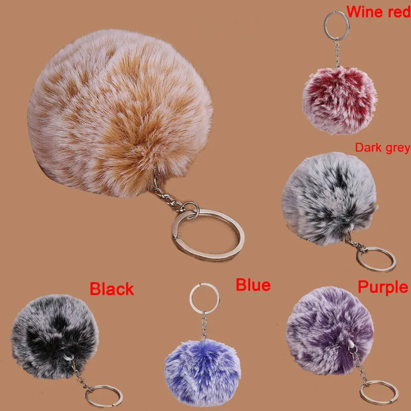 

8cm 1 ball 2 colors Frost white fur pom pom ball keychain Women bag key chains pompon porte clef pompom de fourrure