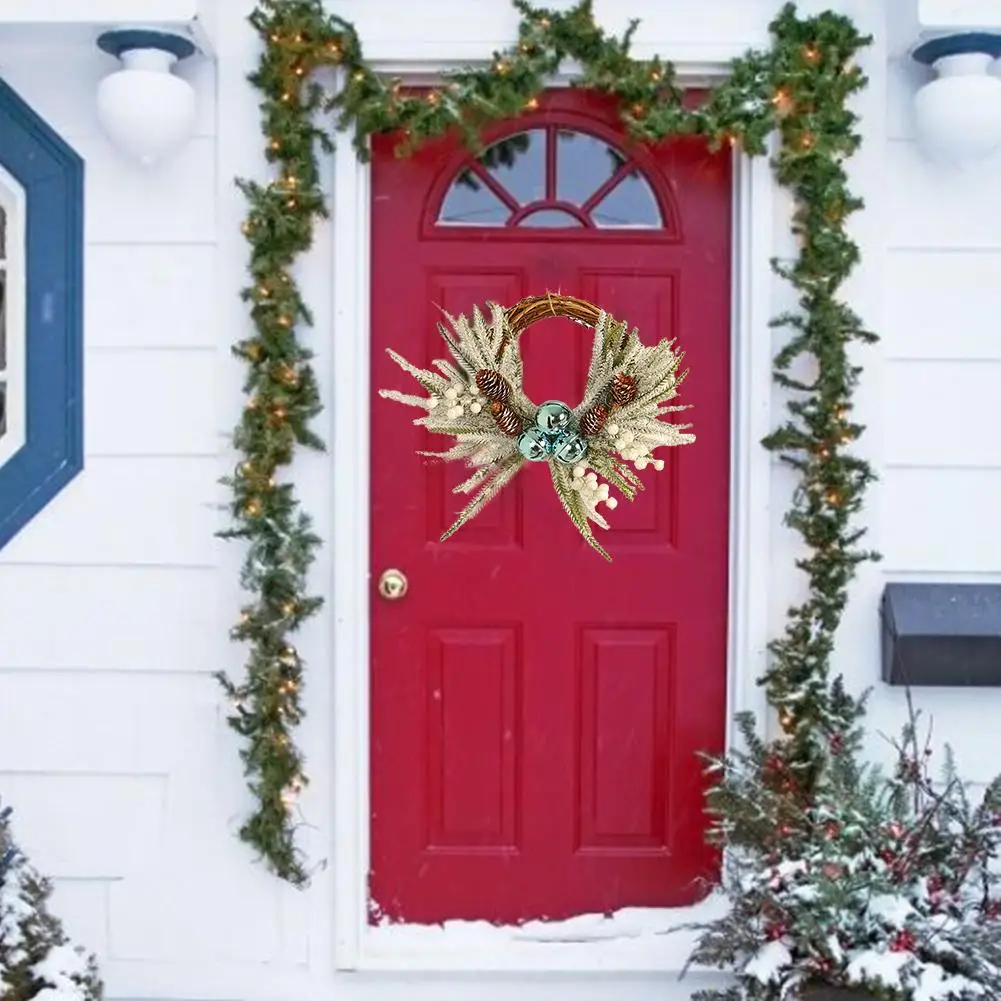 Christmas Decoration Wreath Pinecone Bell Flower Garland Festival Home Front Door Wall Hanging Flocking Decoration