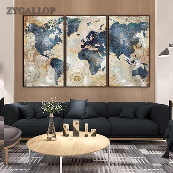 

3 Panel World Map Canvas Painting Vintage Posters and Prints World Map Wall Art Picture For Living Room Cuadros Home Decor Mural