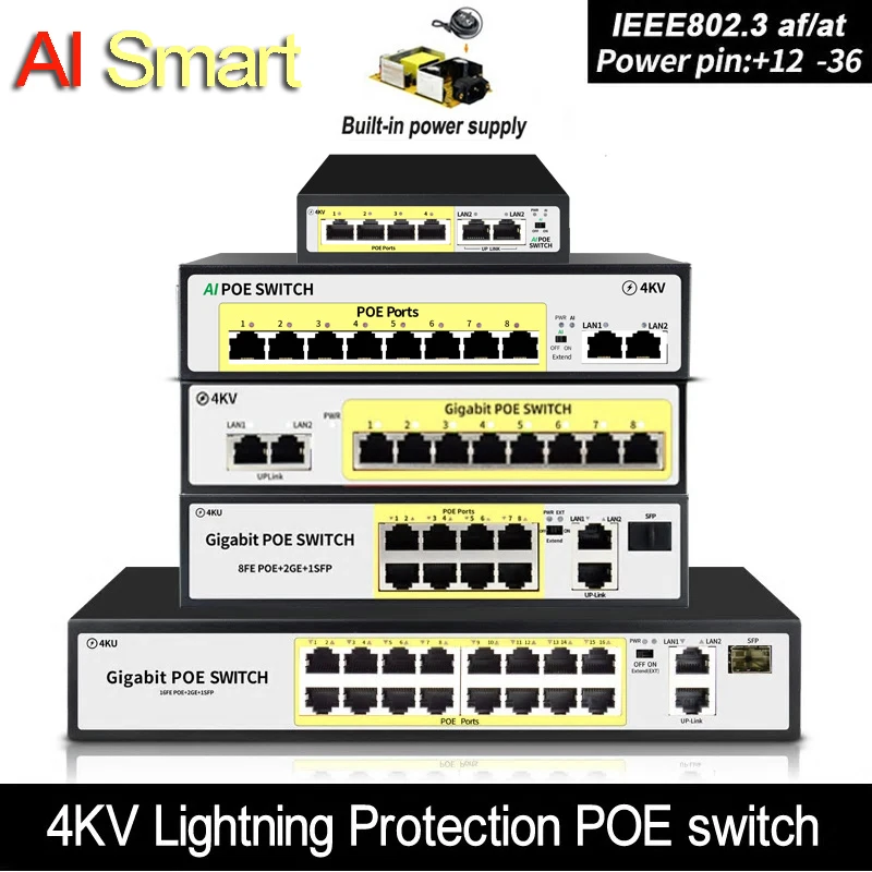 SZSSCEE Gigabit 10 port Poe Switch support Ieee802.3af/at Ip cameras and Wireless AP 10/100/1000Mbps standard network switch