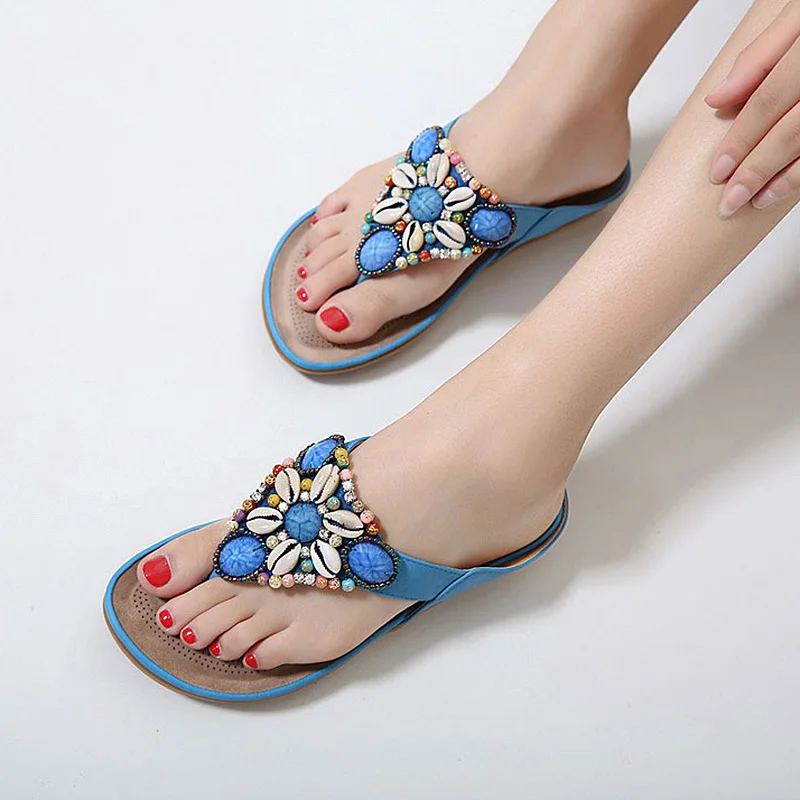 

Summer Gemstone Floral Beaded Flat Sandals Women Shoes Woman Beach Sandals Flip Flops Bohemia Ladies Causal Zapatos De Mujer