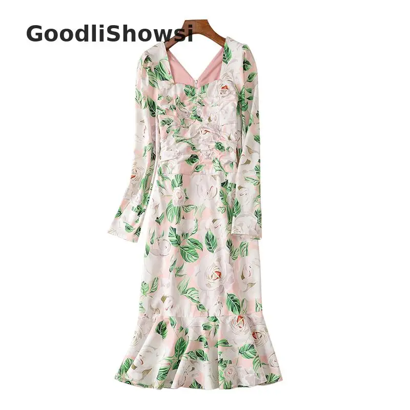 Goodlishousi, Новое поступление, пасторальное Цветочное платье, квадратный воротник, открытая спина, длинный рукав, оборки, подол, облегающее, элегантное, рыбий хвост, платье