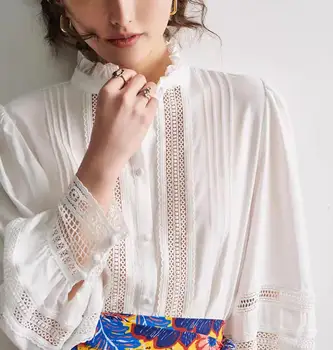 

Stand collar Lace Hollow out women Blouse long sleeve Solid color temperament Court style lady shirt new