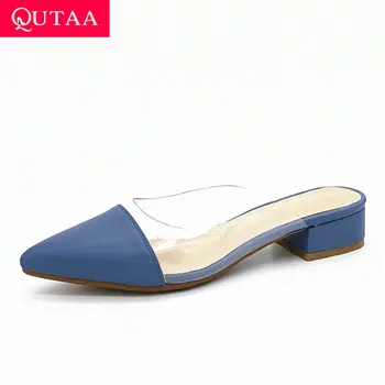 

QUTAA 2020 Pointed Toe Square Low Heel Sandals Transparent PU Leather Ladies Pumps Summer Slingback Women Shoes Big Size 34-43
