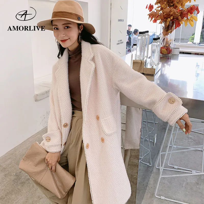 

AMOR LIVE Handmade Pearl Lace Wool Maxi Long Coat For Woman Autumn Winter Snow Velvet Jacquard Long Coat Female Robe Outerwear