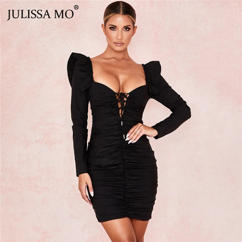 Julissa mo, черное Сетчатое мини-платье с длинным рукавом, женское сексуальное облегающее платье с деревянными ушками и v-образным вырезом, элегантные платья с оборками для вечеринок Vestidos