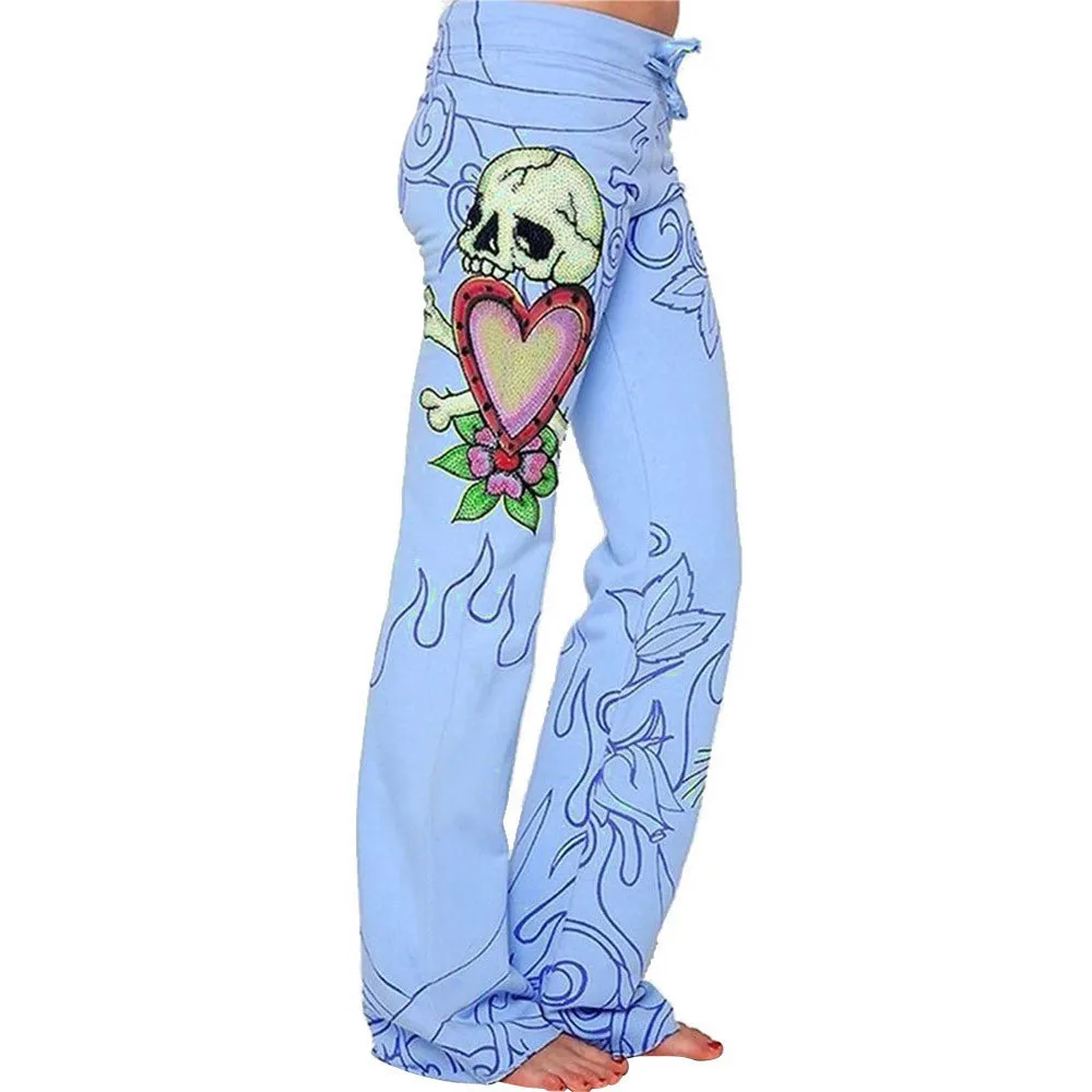 

Long Pants Flowy Wide Leg Halloween Autumn Elastic Waist Print High Waist Womens Casual Loose Lady Trousers Pantalones De Mujer