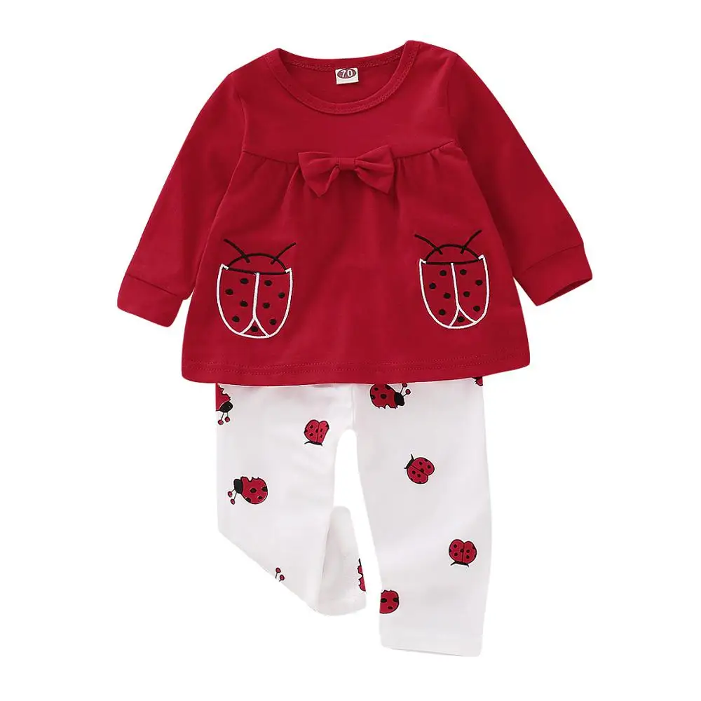 Y834 Children's spring suits 100% cotton Cute Girl baby Long Sleeve Ladybug Print Top + Trousers Set