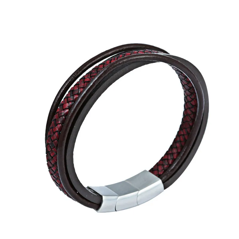 

Fashion Hand Jewelry Titanium Steel Weaving Leather Strap Bracelet Men's Cool Bracelets Three-section Stainless Steel Magnetic S