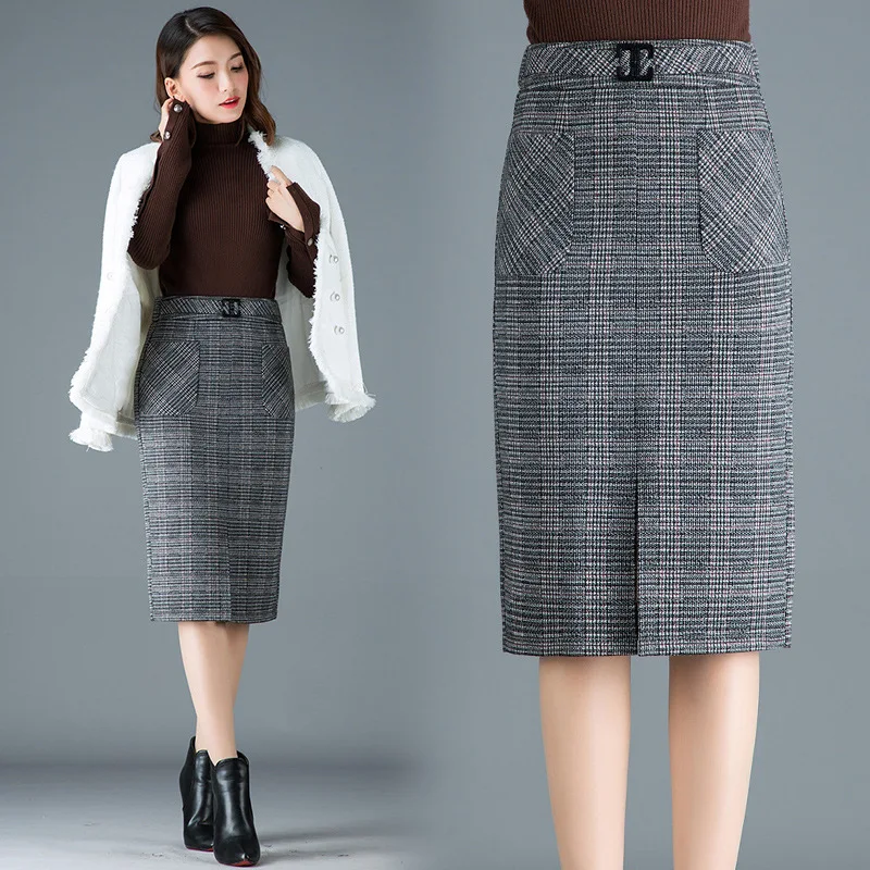 

Fashion Simple Versatile Korean-style Autumn And Winter Skirt Slit Plaid Woolen High-waisted One-step Skirt Repair