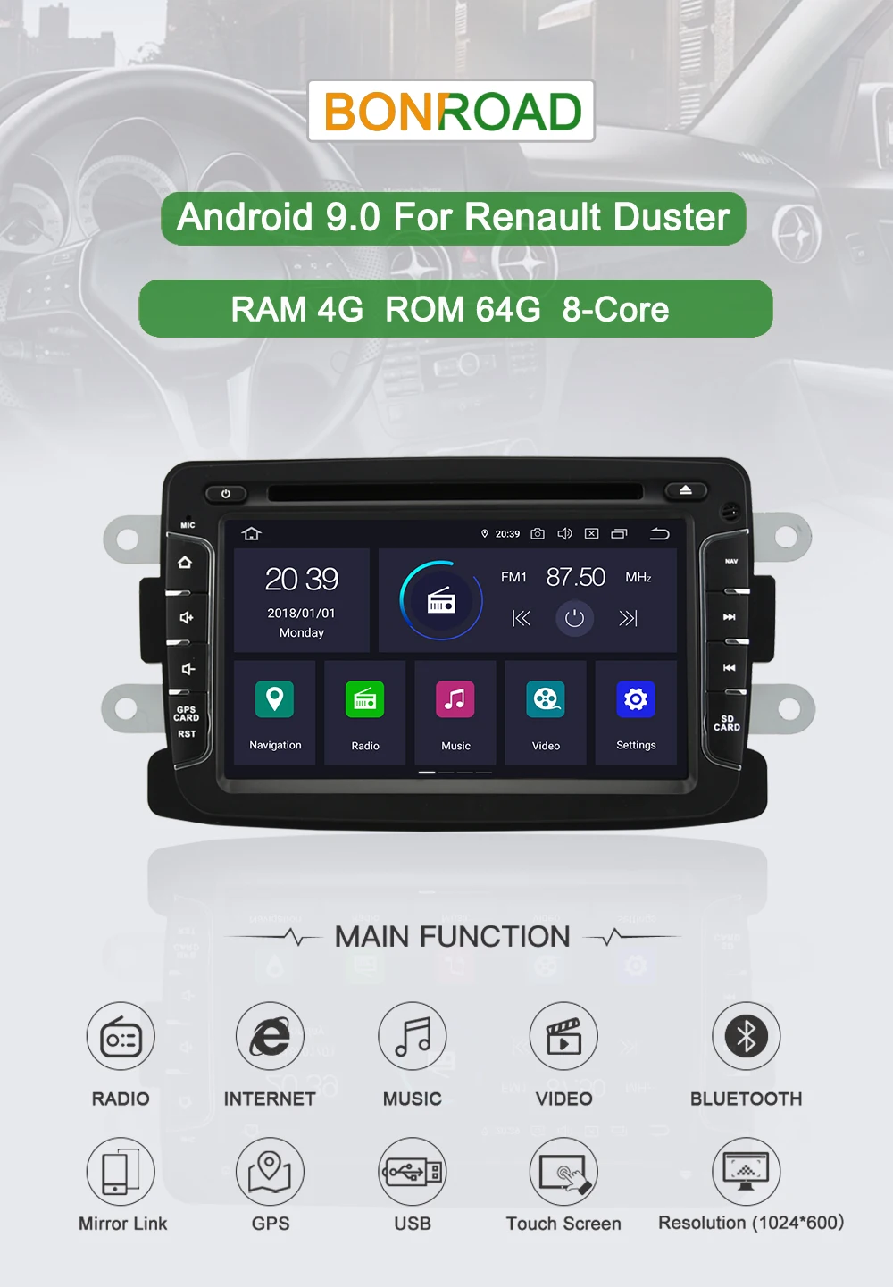 Flash Deal Bonroad 7" Android 9.  GPS Navigation Radio Car DVD Player For Renault Dacia  Duster Logan Sandero Stereo Car Multimedia Player 0