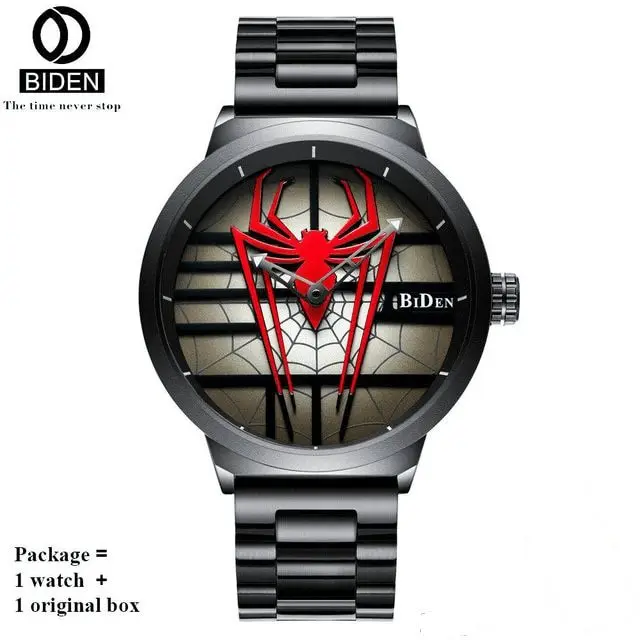 BIDEN мужской роскошный бренд часов полностью Стальные кварцевые часы водонепроницаемые мужские наручные часы модные спортивные часы Человек-паук - Color: red