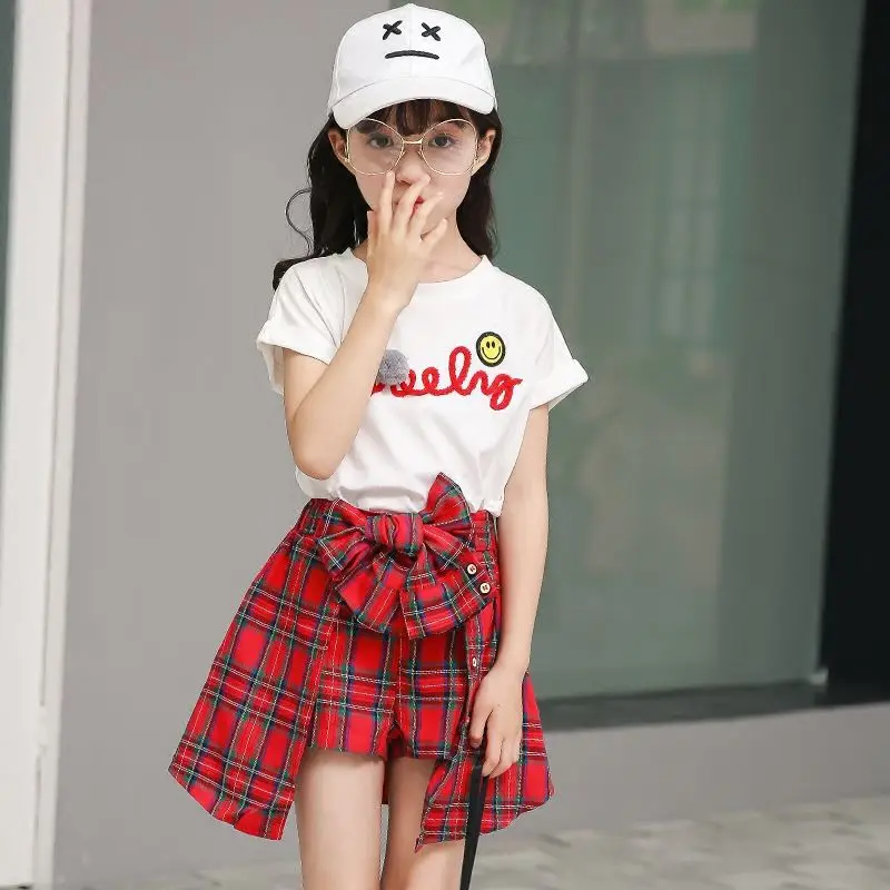 Girls Clothing Set New Fashion Summer Girls Clothing Set Child Clothes Tracksuit Girls Boutique Outfits T-shirt + Plaid Shorts 4 6 7 8 10 12 Years