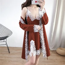 Корейская версия кружевного домашнего халата, женский домашний банный халат, сексуальный подтяжки, комплект для отдыха из двух предметов, с длинными рукавами, очаровательный