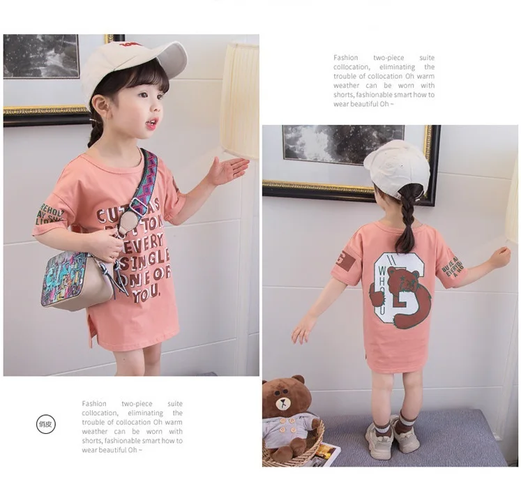 Trendy children's T-shirt summer new style in the long section of casual printing cartoon bear bottoming shirt short sleev