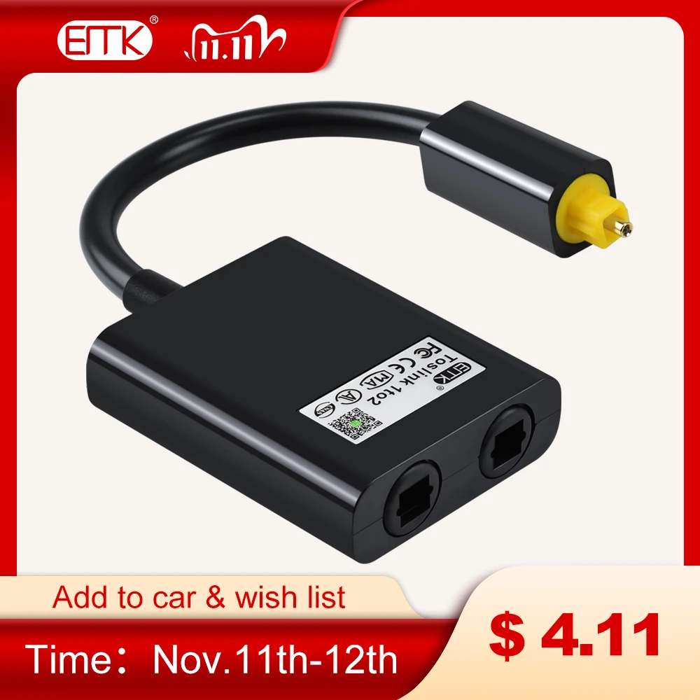 

EMK Digital Optical Splitter Audio Cable 2-Way SPDIF Toslink Splitter Cable 1 input 2 Output Optical adapter Speakers TV PS4 DVD