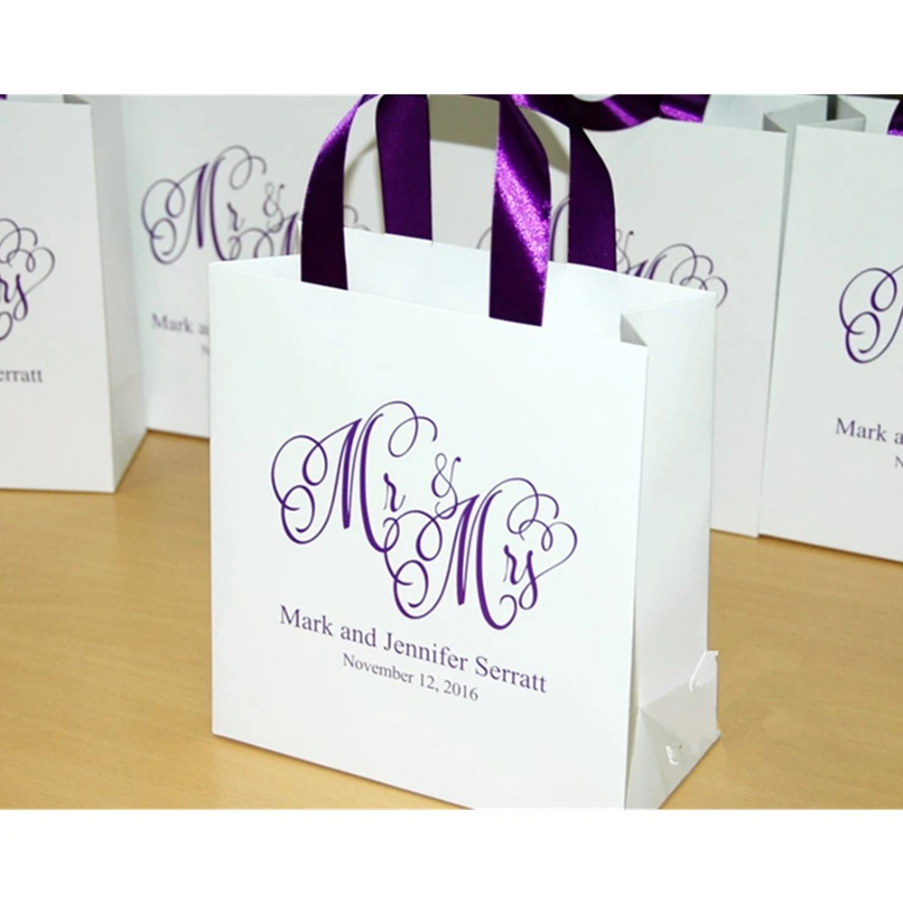 Personalized Wedding Gift Bags With Purple Satin Ribbon And Custom Names Welcome Bags Mr And Mrs Wedding Gift Bag For Guests Gift Bags Wrapping Supplies Aliexpress