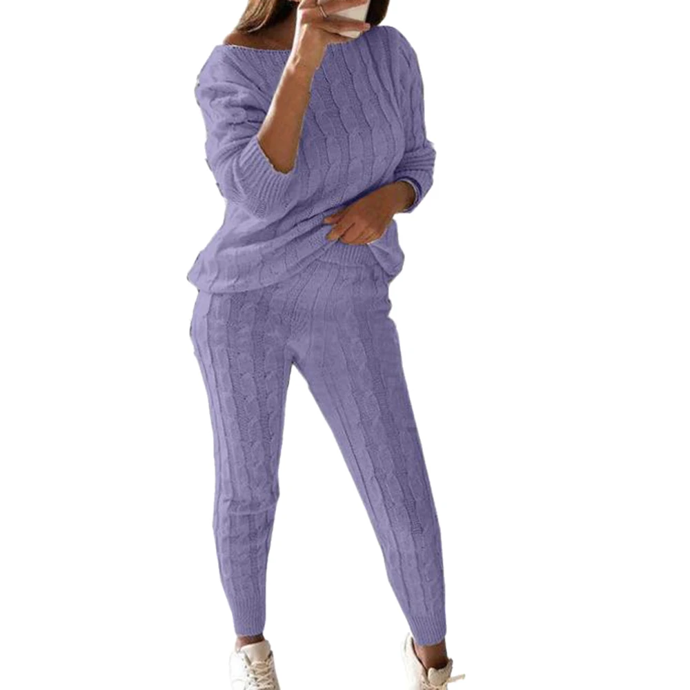 WENYUJH осенний хлопковый спортивный костюм женский комплект из 2 предметов свитер Топ+ штаны вязаный костюм с круглым вырезом вязаный комплект Женская верхняя одежда комплект из 2 предметов - Цвет: Light Purple