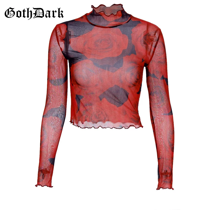 Goth Dark Floral Print Vintage Gothic T-shirts Women Harajuku Ruffle Long Sleeve Autumn Winter Female T-shirt Grunge Red