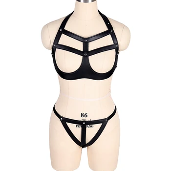 

2 Piece Set PU Leather Harness Bra for Women Pastel Goth Sexy Lingerie Suspenders Panties Nightclub Outfit Body Bondage Crop
