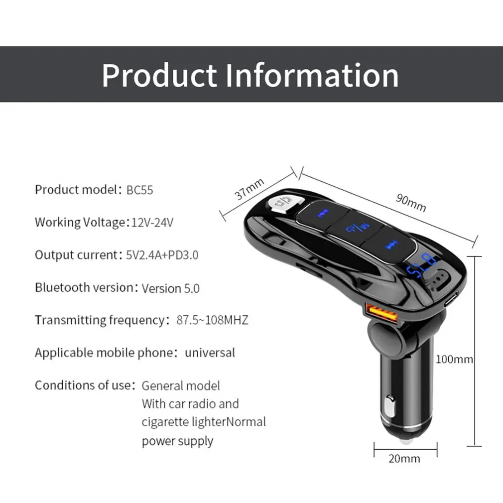 BC55 18 Вт PD 3,0 QC 3,0 Быстрая зарядка USB зарядное устройство беспроводной 5,0 Hands-free автомобильный комплект беспроводной fm-передатчик модулятор