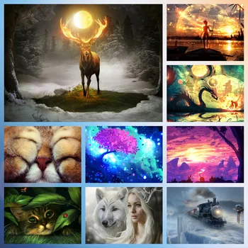 

Deer&Scenery Diamond Painting DIY 5D Full Round Drills Canvas With Poured Glue Cross Stitch Home Decor