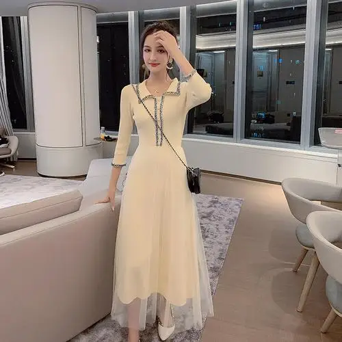 Beige Женские Элегантные платья для вечеринок, новая весенняя мода, милый стиль, вязаный свитер в стиле пэчворк, Сетчатое женское ТРАПЕЦИЕВИДНОЕ сексуальное облегающее длинное платье - Цвет: Beige