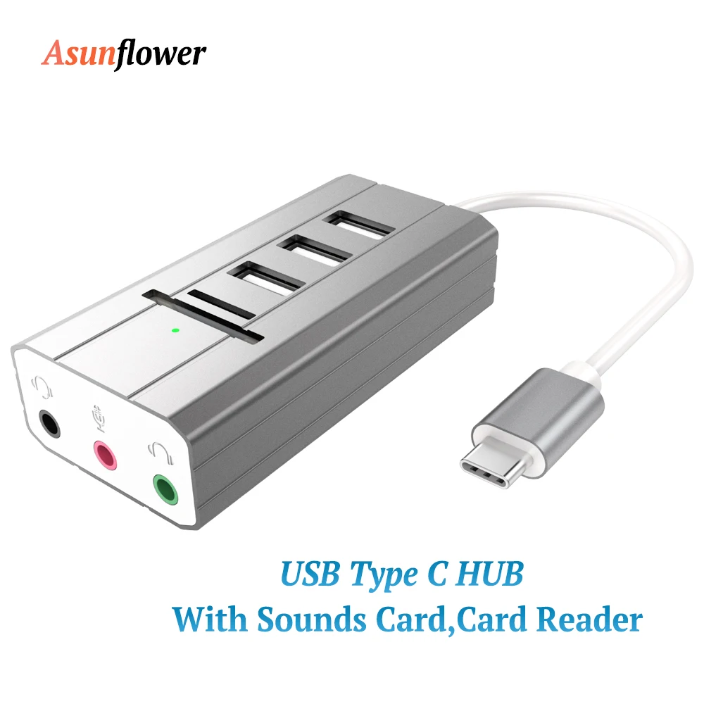Asunflower USB Type C HUB To Multiple Port USB C Dock For MacBook Air 13 Adapter Type C To 3.5 Jack Card Reader USB 2.0 Splitter