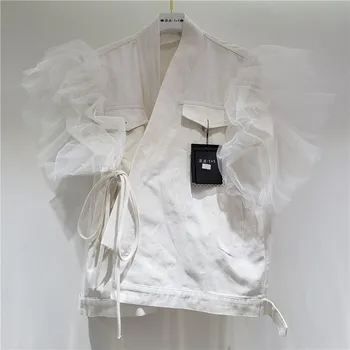 

SuperAen 2020 Spring and Summer New Street Fashion Spliced Lace Mesh Sleeve Loose Lace-up Denim Waistcoat