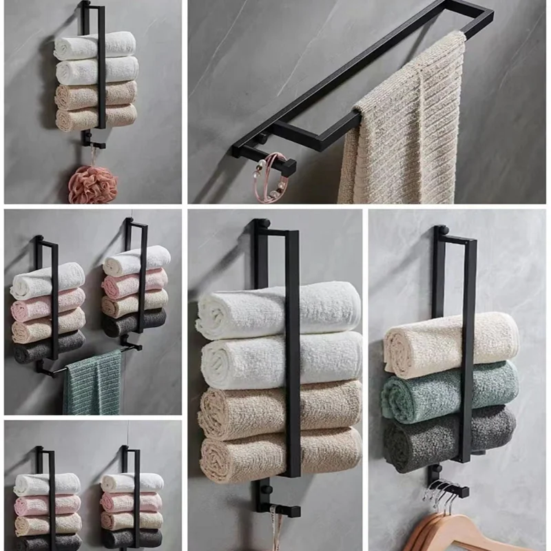Black Towel Bar Bathroom Towel Rack With Hook Space Aluminum Two Way Install Rack Kitchen Storage Holder