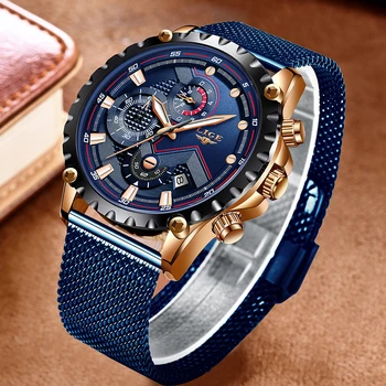 

2019 New LIGE Blue Casual Mesh Belt Fashion Quartz Gold Watch Mens Watches Top Brand Luxury Waterproof Clock Relogio Masculino
