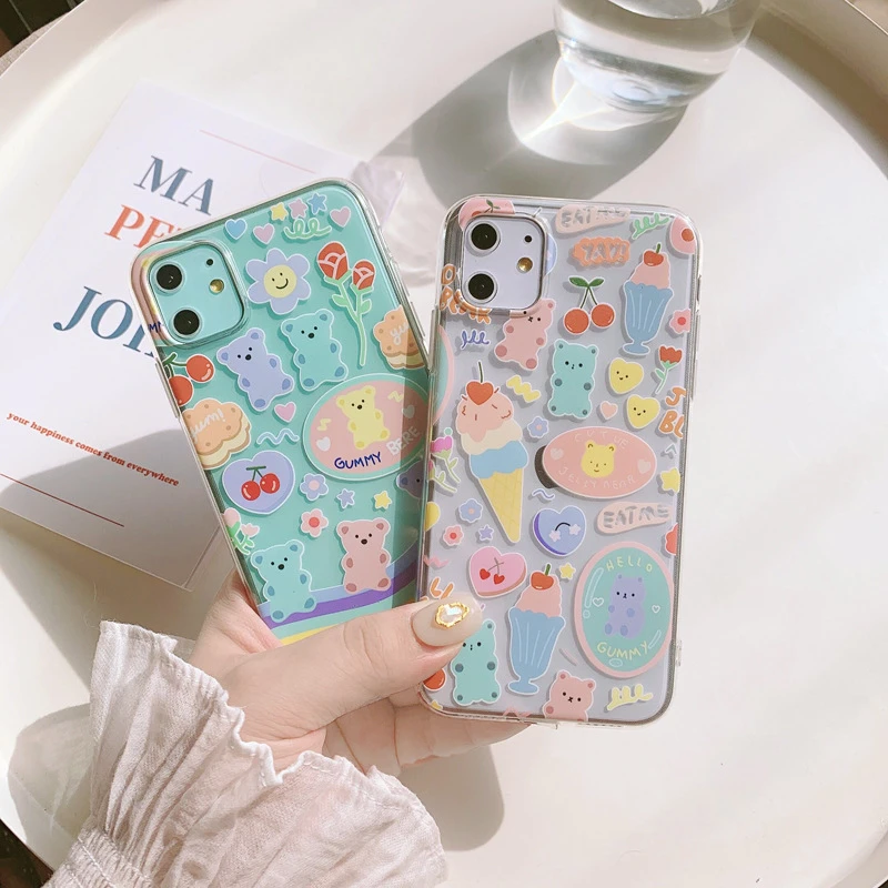 Cute Rainbow Gummy Bear Cherry Ice Cream Soft Phone Case For iPhone 11 Pro Max Back Cover for X XR XS 8 7 6 6S Plus |