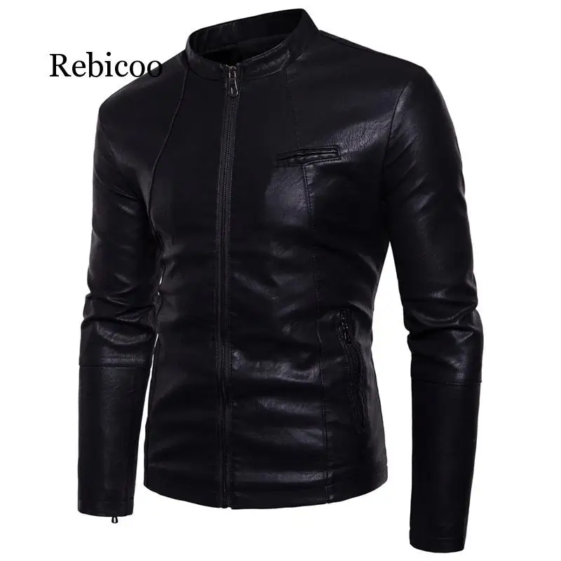 

2019 thin men's leather jacket, stylish solid color slim men's PU leather men's jacket motorcycle clothing top