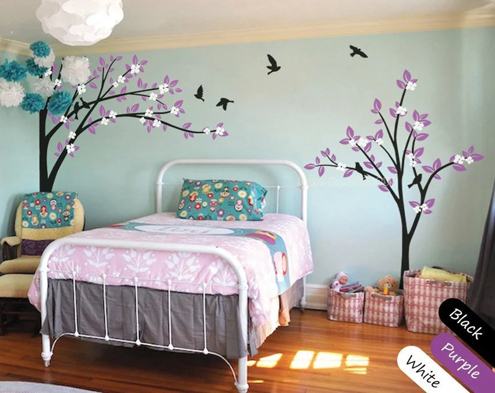 

Parted Trees Nursery Trees Art Wall Stickers Huge Tree Pattern With Flying Birds Sweet Art Design Wall Decals Vinyl Mural LL2370