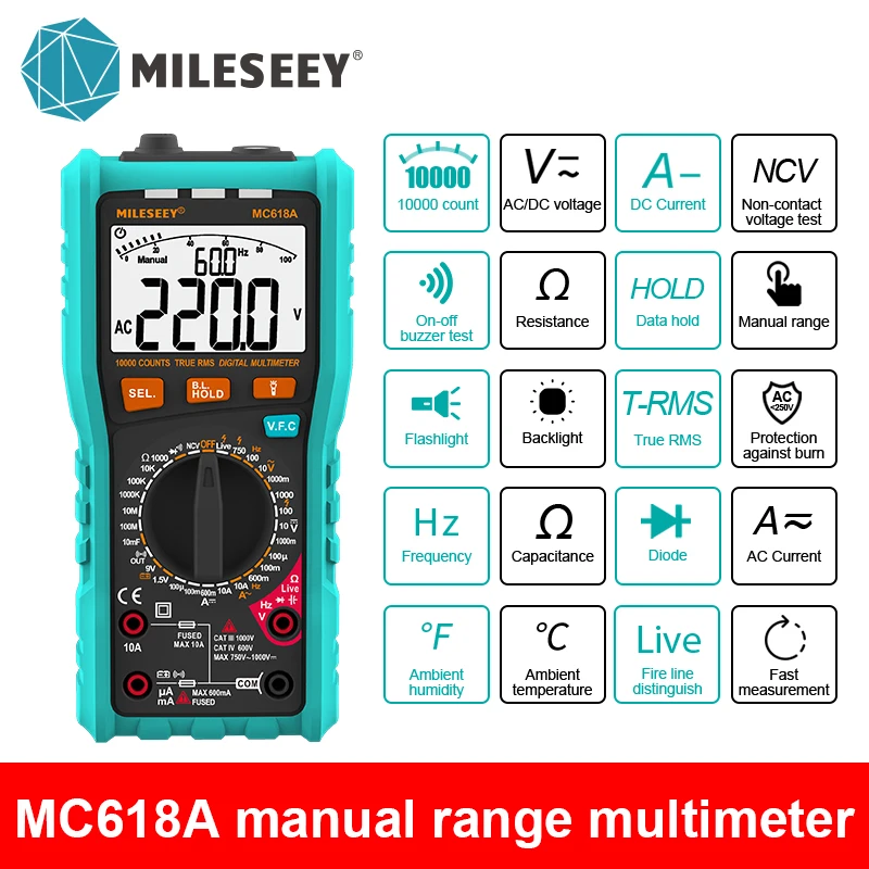 Mileseey NCV Digital Multimeter Auto Ranging AC/DC voltage meter Flash light Back light Large Screen starrett vernier caliper Measurement & Analysis Tools