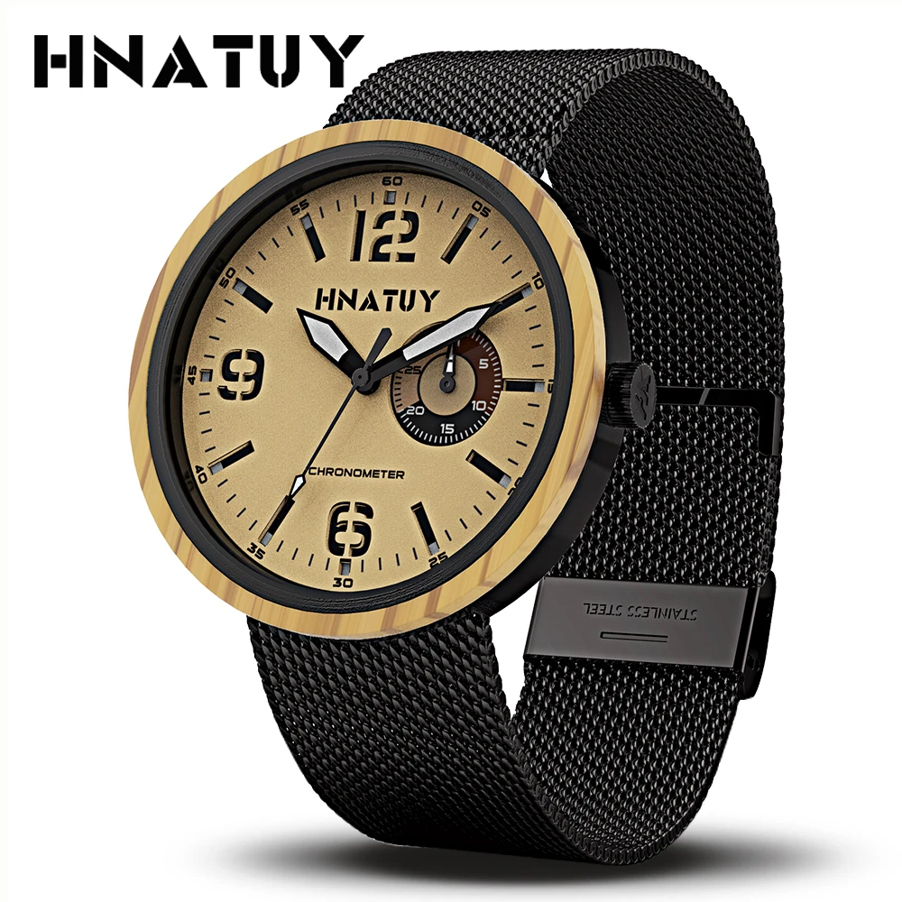 

Hnatuy Business Men's Watch Stainless Steel Shock Resistant Water Resistant Quartz Watch Men Complete Calendar Wood Watches Man